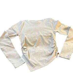 OQQ Long Sleeve Crew Neck Ruched Asymmetrical‎ Light Tan Top. Small